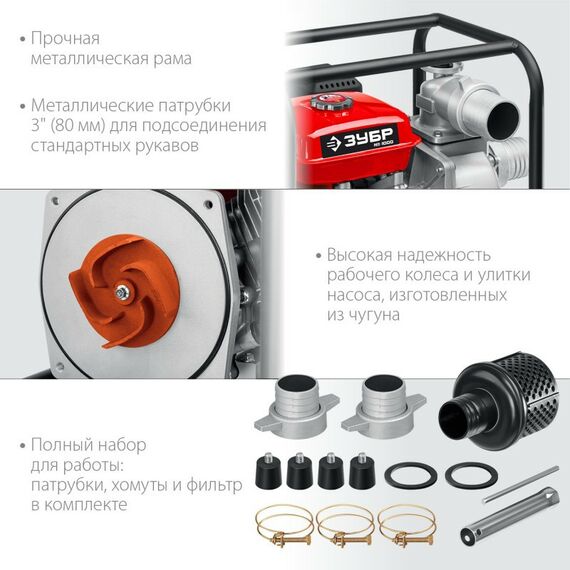 Мотопомпы: Мотопомпа бензиновая Зубр МП-1000 1000 л/мин фотографии