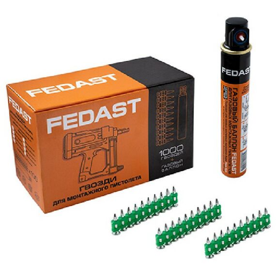Гвозди прямого монтажа:  Гвозди 3.0*25 мм усиленные для монтажного пистолета в комплекте с газовым баллоном 165 мм FEDAST [fd3025egfc] фотографии