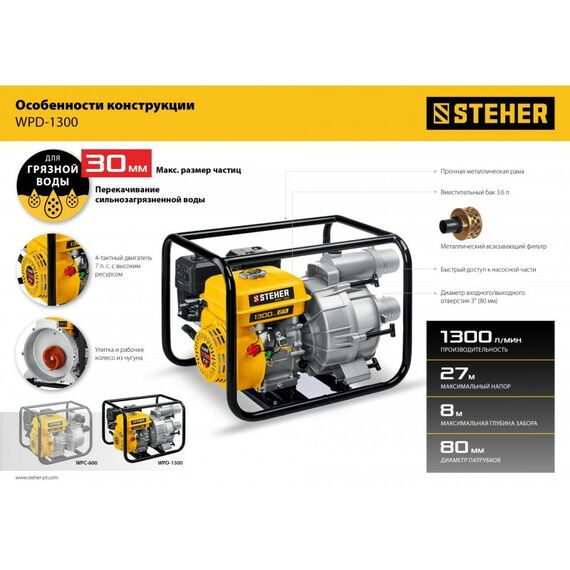 Мотопомпы: Мотопомпа бензиновая для грязной воды STEHER WPD-1300 1300 л/мин фотографии