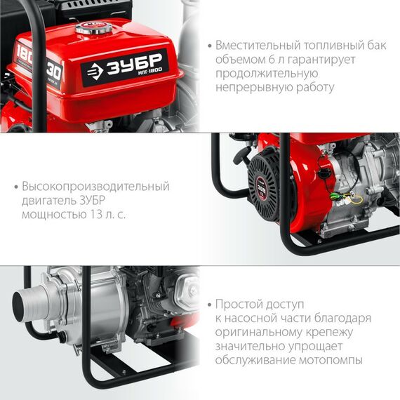 Мотопомпы: Мотопомпа бензиновая для грязной воды Зубр МПГ-1800 1800 л/мин фотографии