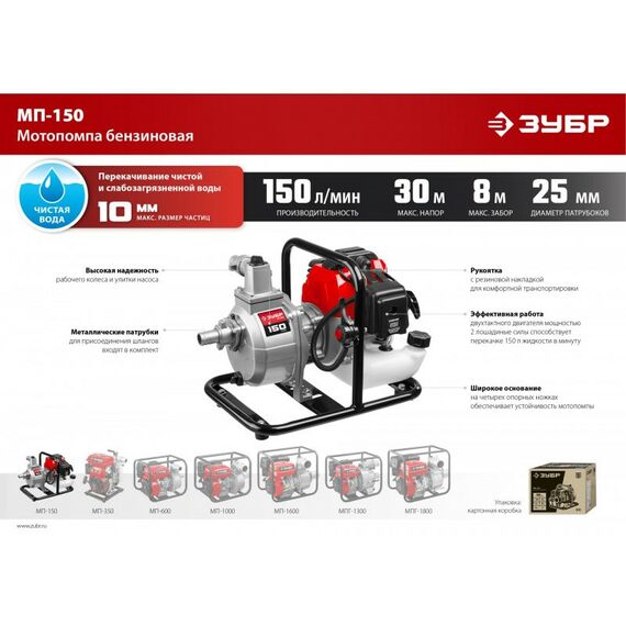 Мотопомпы: Мотопомпа бензиновая Зубр МП-150 150 л/мин фотографии