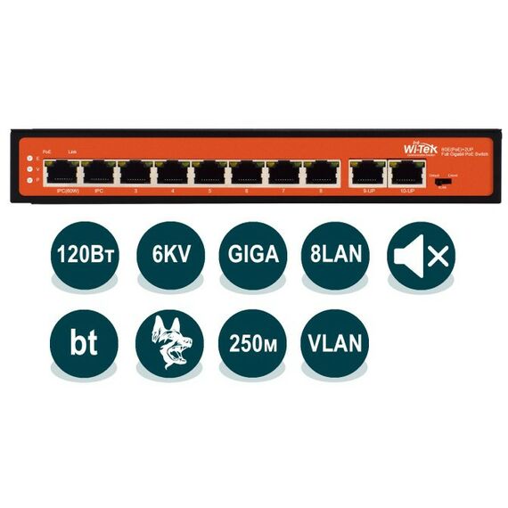 Коммутаторы, маршрутизаторы, межсетевые экраны: Неуправляемый гигабитный коммутатор Wi-Tek WI-PS308G (v2) 8 PoE GE + 2GE, Watchdog, HiPoE фотографии