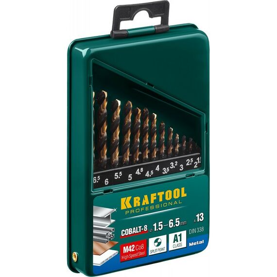 Буры, пики, коронки, сверла: Набор сверл по металлу KRAFTOOL COBALT 13шт (1.5-6.5мм) HSS-Co(8%), сталь М42 (S2-10-1-8) [29656-H13] фотографии
