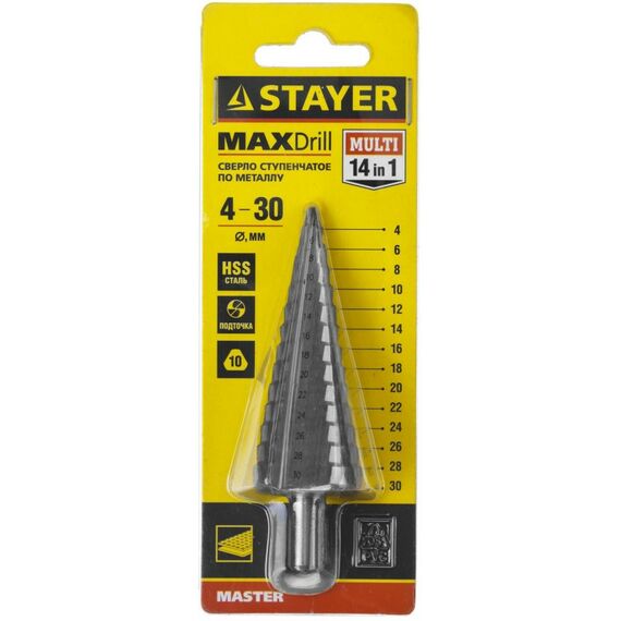 Буры, пики, коронки, сверла: Сверло ступенчатое STAYER 4-30мм 14 ступеней [29660-4-30-14] фотографии