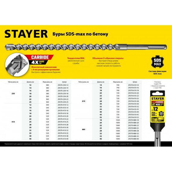 Буры, пики, коронки, сверла: SDS-max бур STAYER Professional Hercules-4Х 22 x 880/1000 мм [29370-880-22] фотографии