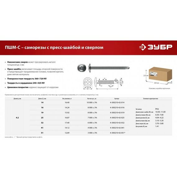 Саморезы: Саморез с пресс-шайбой и сверлом Зубр ПШМ-С 14 х 4.2 мм цинк, 16.4 кг [4-300210-42-014] фотографии