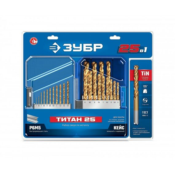 Буры, пики, коронки, сверла: Набор сверл по металлу Зубр ТИТАН 25шт (1-13мм) сталь Р6М5, класс А, титановое покрытие, пласт.бокс [29617-H25] фотографии