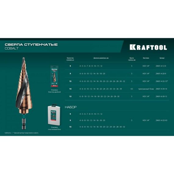 Cверло ступенчатое KRAFTOOL COBALT 4-39мм 14 ступеней, азотирование, винтовая спираль [29691-4-39-14] фотографии