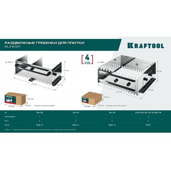 Раздвижная гребенка для плитки KRAFTOOL BUNKER зуб 12*12 мм до 600 мм, нерж. сталь [0808-12] фотографии