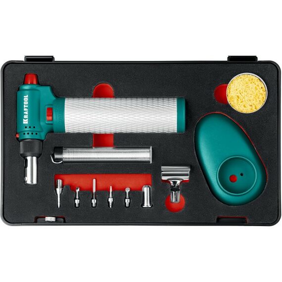 Газовый паяльник KRAFTOOL Multi torch 30 - 150 Вт 1300°С, набор 8 в 1: горелка, фен, пьезоподжиг [55506-H8] фотографии