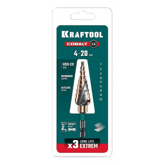 Сверло ступенчатое KRAFTOOL COBALT 4-20мм 9 ступеней, азотирование, винтовая спираль [29691-4-20-9] фотографии