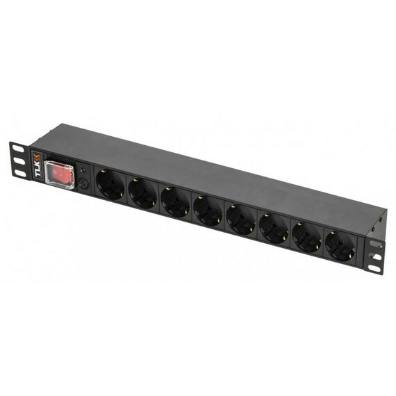 Шкафы и стойки: Блок электрических розеток TLK TLK-RSC08-MTF-01-BK 19", 8 гнезд "евророзетка", макс. нагрузка 10 А, без шнура питания, вход С14 + предохранитель 10 А, перекидной выключатель, металлический корпус, макс. мощность 2500 Вт, 490*44.4*68 мм фотографии