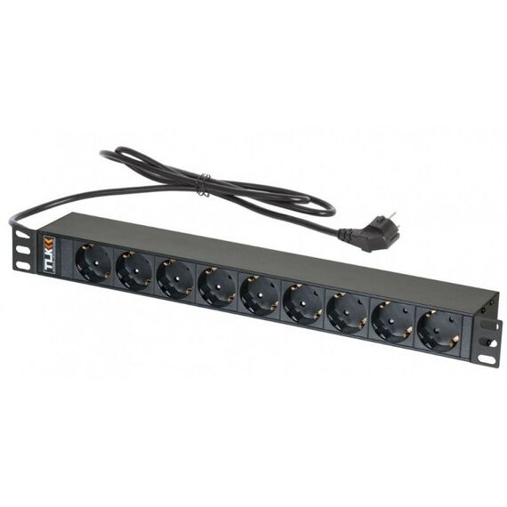 Шкафы и стойки: Блок электрических розеток TLK TLK-RSC09-M-04-BK 19", 9 гнезд "евророзетка", макс. нагрузка 16 А,   шнур питания 1,8 метра, "евровилка", сечение 3*1,5 мм2, металлический корпус, макс. мощность 4000 Вт, Ш483хВ44хГ44 мм фотографии