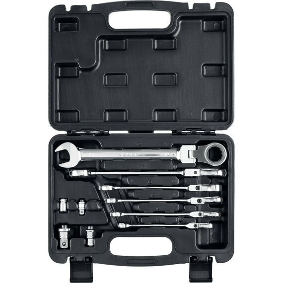 Наборы инструментов и ключи: Набор комбинированных гаечных ключей трещоточных шарнирных с адаптерами Зубр 27102-H10 10 шт, 8 - 19 мм фотографии
