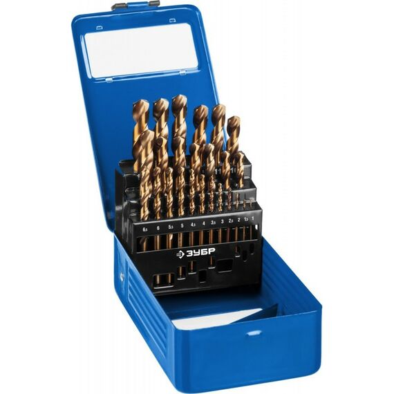 Буры, пики, коронки, сверла: Набор сверл по металлу Зубр КОБАЛЬТ 25шт(1-13мм) сталь Р6М5К5, класс А, металлический бокс [29626-H25] фотографии