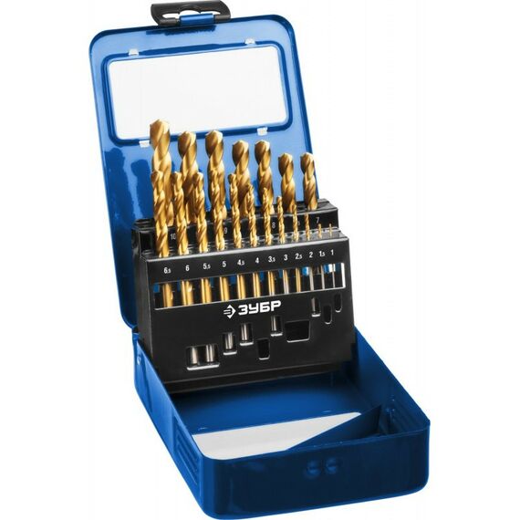 Буры, пики, коронки, сверла: Набор сверл по металлу Зубр ТИТАН 29617-H19 19шт(1-10мм), сталь Р6М5, класс А , титановое покрытие, мет.бокс фотографии