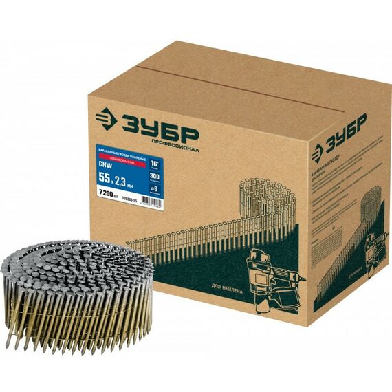 Гвозди прямого монтажа: Барабанные гвозди рифленые оцинкованные Зубр CNW 55 х 2.3 мм 7200 шт [305383-55] фотографии