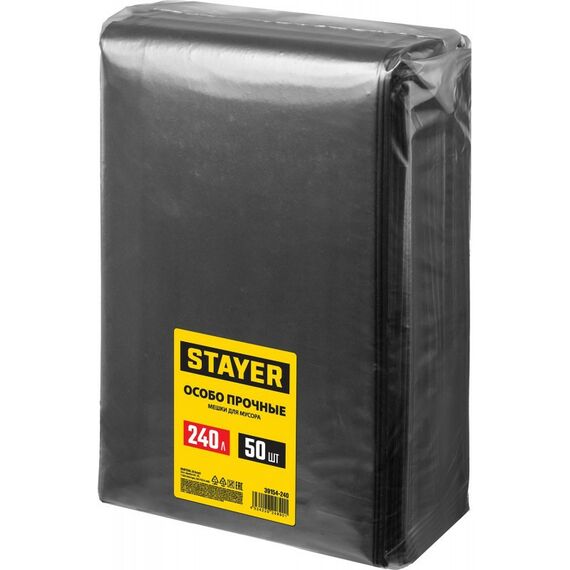 Строительные мусорные мешки STAYER HEAVY DUTY 240 л 50 шт, черные, особопрочные [39154-240] фотографии