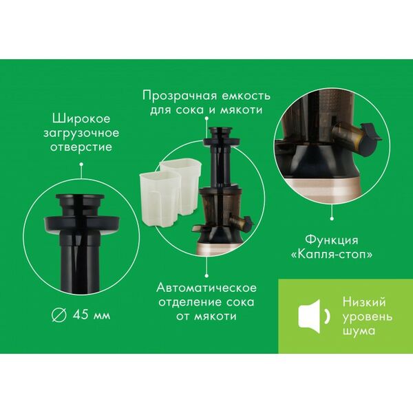 Соковыжималки: Соковыжималка шнековая Endever Sigma 89 200 Вт, резервуар для сока 1 л, резервуар для мякоти 0.7 л, выход сока до 85%, холодный прессовый отжим, 100% сохранение витаминов, цвет черный/золотой фотографии