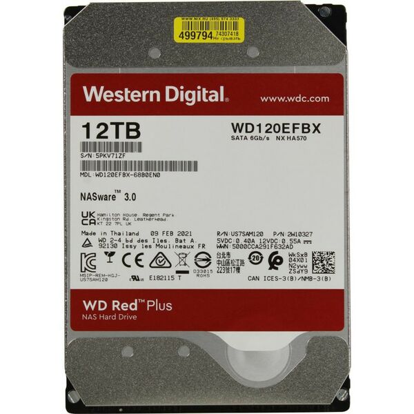 Жесткие диски: Жёсткий диск Western Digital 12 Tb Red Plus SATA 6Gb/s 3.5" 7200rpm 256Mb [WD120EFBX] фотографии