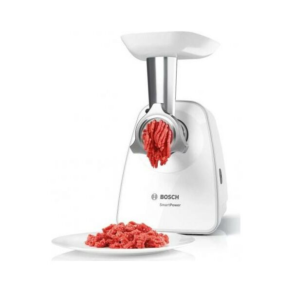 Мясорубки: Мясорубка BOSCH MFW2520W SmartPower, 350/1500 Вт, 2 форм диска, насадка для колбасок и кеббе фотографии