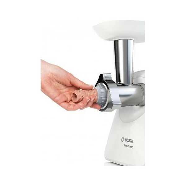 Мясорубки: Мясорубка BOSCH MFW2520W SmartPower, 350/1500 Вт, 2 форм диска, насадка для колбасок и кеббе фотографии
