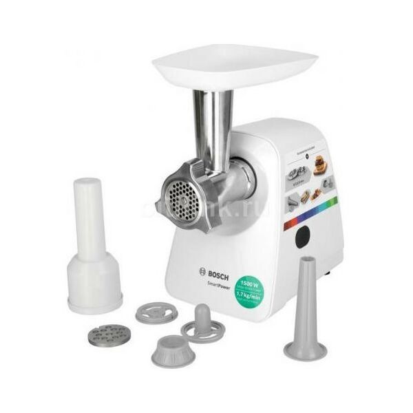 Мясорубки: Мясорубка BOSCH MFW2520W SmartPower, 350/1500 Вт, 2 форм диска, насадка для колбасок и кеббе фотографии