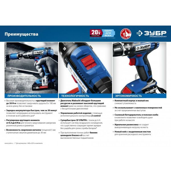 Дрели и шуруповерты: Дрель-шуруповерт Зубр Профессионал DL-201-42 20В, 2 АКБ (4Ач), в кейсе фотографии