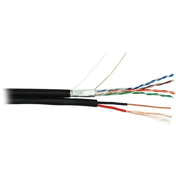 Кабель и разъемы: Кабель Netlan EC-UF004-5E-PC075-PE-BK F/UTP 4 пары, Кат.5e (Класс D), 100МГц, одножильный, BC (чистая медь), с многожильным силовым кабелем 0,75мм2, внешний, PE до -40C, черный, 305м фотографии
