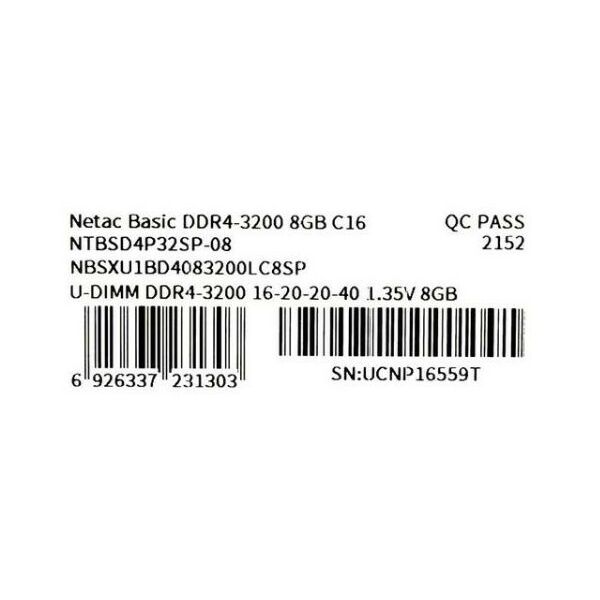 Оперативная память: Оперативная память Netac 8Gb Basic DDR4 [NTBSD4P32SP-08] фотографии