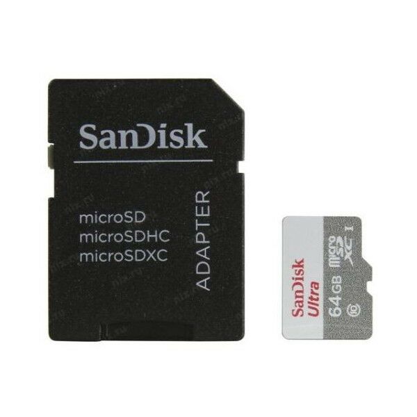 Secure Digital карты: microSDXC SanDisk 64Gb Ultra 80 UHS-I U1 Class10 + adapter [SDSQUNS-064G-GN3MA] фотографии