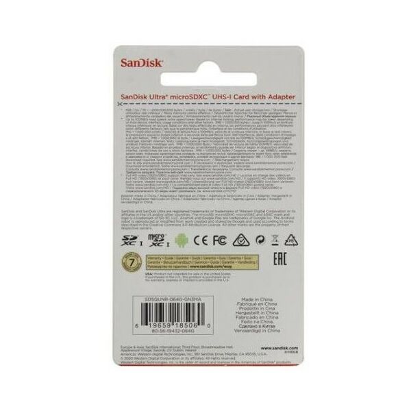 Secure Digital карты: microSDXC SanDisk 64Gb Ultra 80 UHS-I U1 Class10 + adapter [SDSQUNS-064G-GN3MA] фотографии