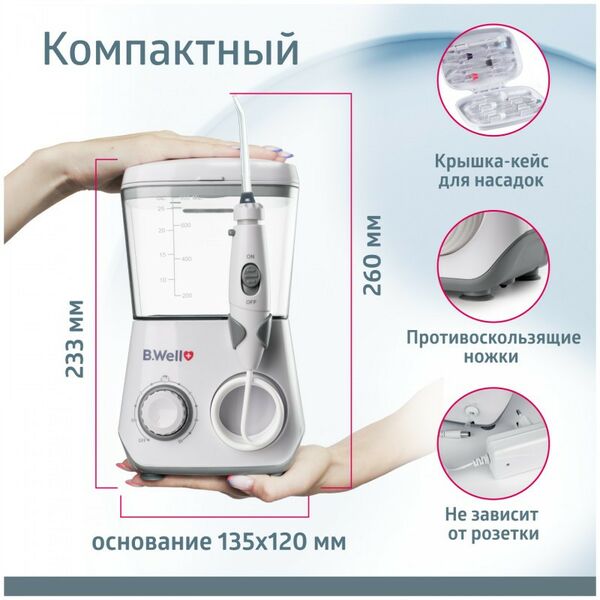 Ирригаторы: Ирригатор для полости рта B.Well WI-933 2.06-8.62 бар, 1250-1700 имп./мин., 0.8л, питание от сети/от аккум. 1650мАч фотографии
