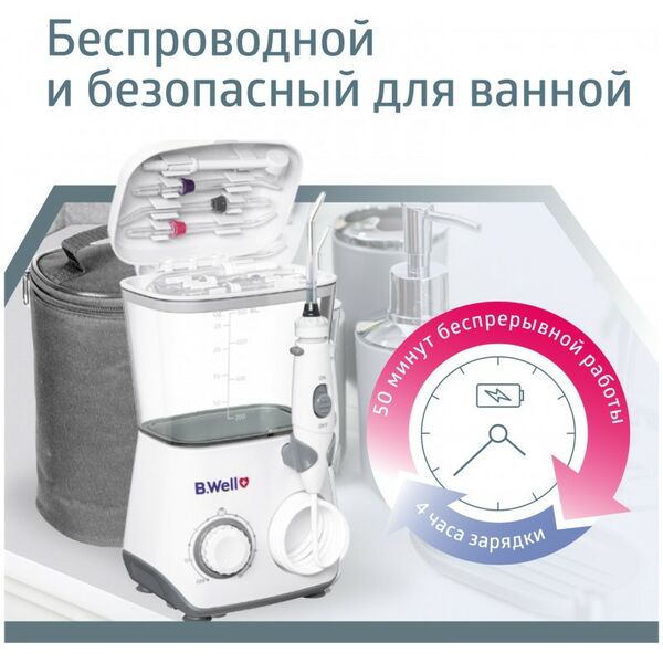 Ирригаторы: Ирригатор для полости рта B.Well WI-933 2.06-8.62 бар, 1250-1700 имп./мин., 0.8л, питание от сети/от аккум. 1650мАч фотографии