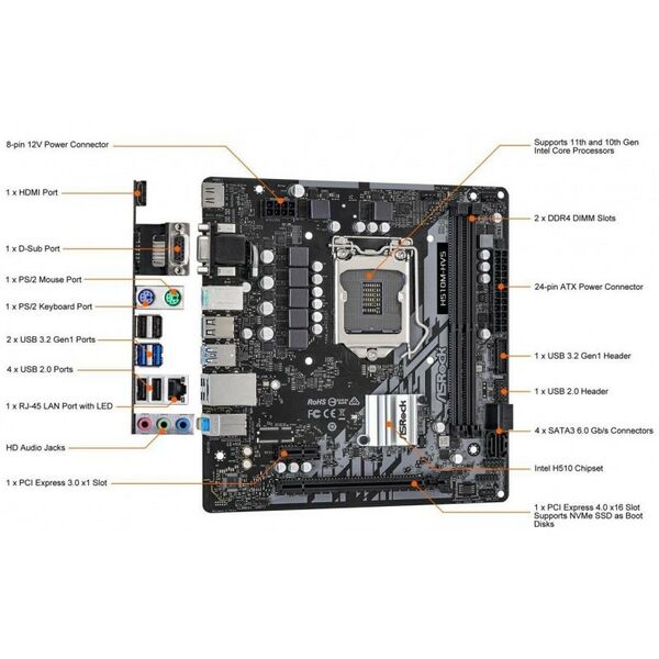 Материнские платы: Материнская плата ASRock H510M-HVS R2.0 LGA1200 <H510> PCI-E Dsub+HDMI GbLAN SATA MicroATX 2DDR4 (RTL) фотографии