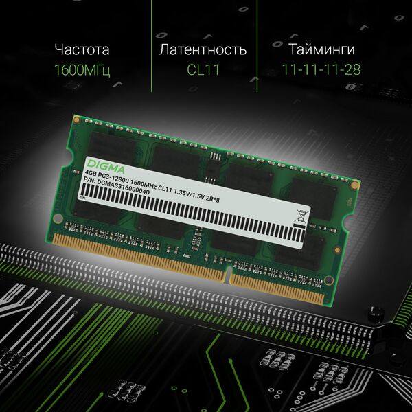 Купить Память Digma 4Gb DDR3L 1600MHz PC3-12800 CL11 SO-DIMM 204-pin 1.35В dual rank RTL [DGMAS31600004D], изображение 5 в компании Зеон