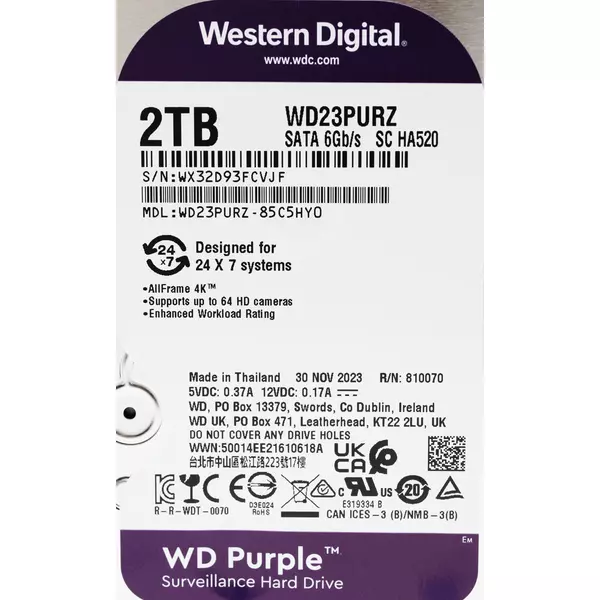 Купить Жесткий диск Western Digital 2Tb Surveillance Purple SATA-III 5400rpm 64Mb 3.5" [WD23PURZ], изображение 2 в компании Зеон