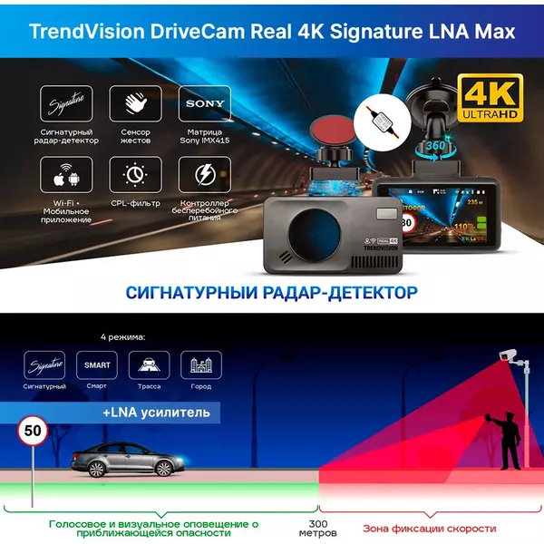 Купить Видеорегистратор с радар-детектором TrendVision DriveCam Real 4K Signature LNA MAX GPS ГЛОНАСС черный, изображение 4 в компании Зеон