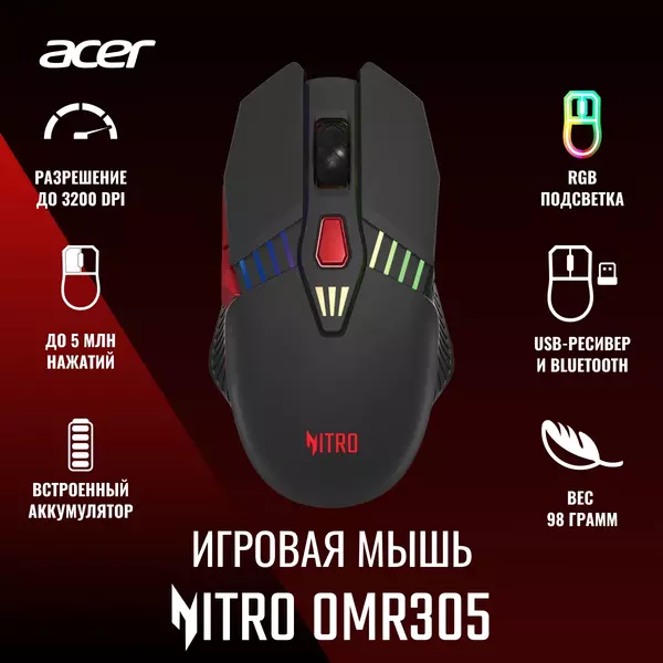 Купить Мышь Acer Nitro OMR305 черный оптическая 3200dpi беспров. BT/Radio USB 6but [ZL.MCECC.020], изображение 19 в компании Зеон