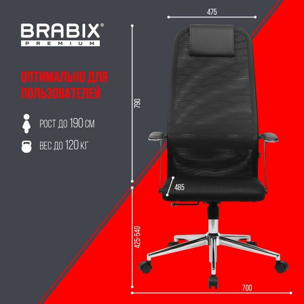 Стулья и кресла: Кресло Brabix PREMIUM Ultimate EX-801 хром, плотная двойная сетка Х2, черное [532917] фотографии