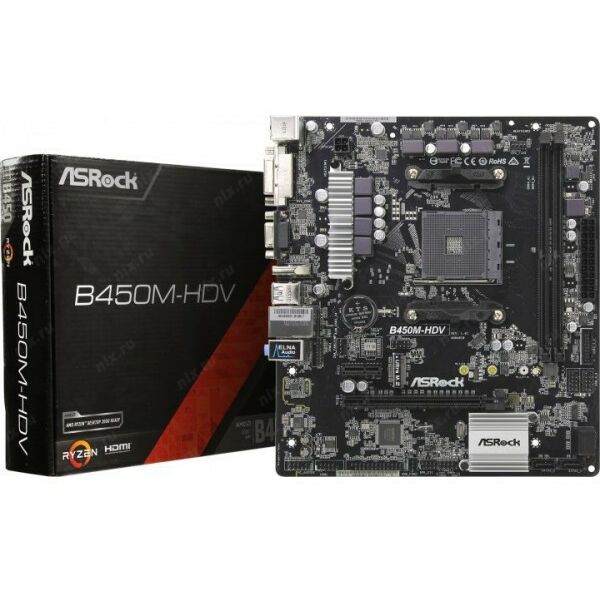 Купить Материнская плата ASRock B450M-HDV AM4  PCI-E Dsub+DVI+HDMI GbLAN SATA RAID MicroATX 2DDR4 RTL в компании Зеон