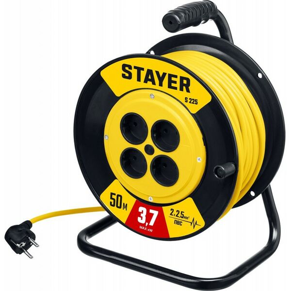 Удлинители электрические: Силовой удлинитель на катушке STAYER S 225 ПВС 2х2.5, 50м, 3750Вт [55070-50] фотографии